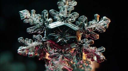 I need a tech forward Snow flake, black background, white snowflake. The snowflake needs to be three demential being displayed at a three quarter view,