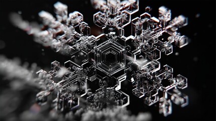 I need a tech forward Snow flake, black background, white snowflake. The snowflake needs to be three demential being displayed at a three quarter view,