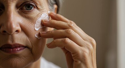 Senior woman applying anti-aging cream on her wrinkled face. Close-up of mature person's skincare routine. Cosmetology and dermatology concept
