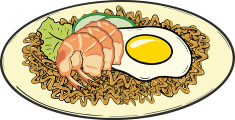 Delicious Fried Noodle Plate Vector Art with Shrimp
