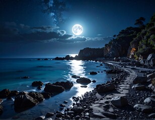 Serene coastal view, lit by a luminous full moon