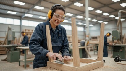 Smiling female carpenter sanding wooden furniture frame in workshop. Professional craftswoman at work in industrial factory. Skilled manual labor and craftsmanship concept