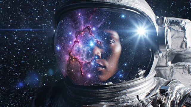 Astronaut in space with stars and galaxy reflected on helmet visor