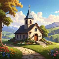 Serene church on a lush hillside, surrounded by trees and flowers