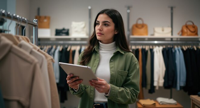 Young female retail manager using digital tablet for inventory in clothing store. Small business owner working with technology in modern fashion boutique