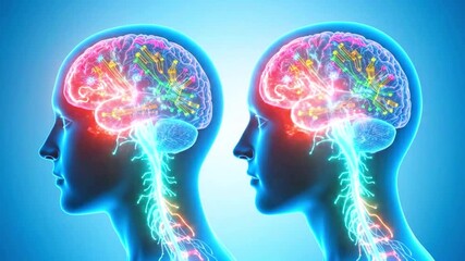 A video showcasing a colorful brain with two human silhouettes in profile, with the brain’s colors dynamically moving and flowing.
