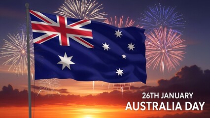 Happy Australia Day 26th January Celebration with Flag and Fireworks