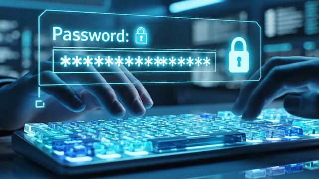 Hands typing on a keyboard with a digital password prompt on the screen with a blue glow