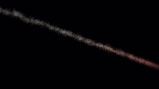 Animated meteor fire trail with glowing tip and smoky particle tail moving diagonally across a dark background, ideal for cinematic visual effects, space scenes, and dramatic motion graphics.