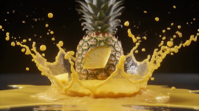 Pineapple slice falling vertically with dramatic water splash crown creating vibrant tropical summer mood energy