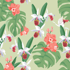 Delicate orchids and beautiful monstera leaves, presented in a seamless vector illustration. This design would be perfect for decorating textiles, packaging, or wallpaper.