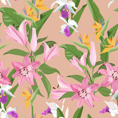 Delicate orchids, lilies, and strelitzia are showcased in this seamless vector illustration. This design would be perfect for decorating textiles, packaging, or wallpaper.