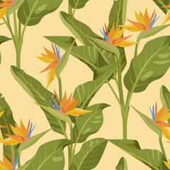 Tropical leaves and flowers of the Strelitzia plant. Seamless vector illustration suitable for use in textiles, packaging, and wallpapers.