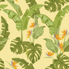 Tropical leaves and flowers of the Strelitzia plant. Seamless vector illustration suitable for use in textiles, packaging, and wallpapers.