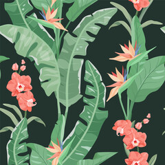 Delicate orchids and Strelitzia flowers against a backdrop of palm leaves, creating a seamless vector illustration that is perfect for decorating textiles, packaging, or wallpaper.