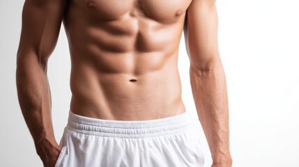 Slim man with six pack and white shorts on white background. shot of the model waist. Slim body with cellulite or healthy, fit, muscular, underwear, guy, attractive