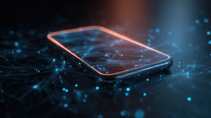 Smartphone on technology background. Neon glowing mobile phone on abstract dark background. Futuristic network connection