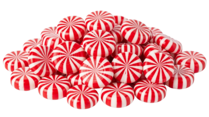 A close-up shot of a pile of small, round candies with alternating red and white stripes. The candies are clustered
