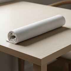 Elegant Table Setting with Rolled Fabric on Light Wooden Surface