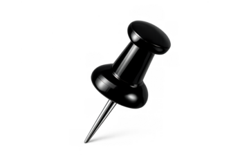 Black pushpin marking important information, fixing note, or pointing location, shiny plastic office supply on transparent background