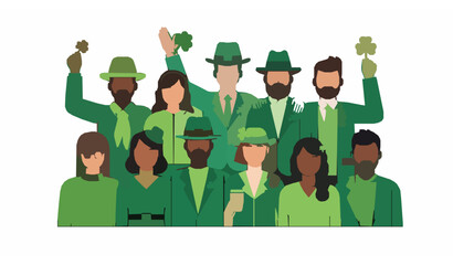 Flat style St Patrick’s Day people characters celebrating in green outfits vector