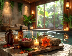 Serene spa setting with candles, pool, and tropical plants