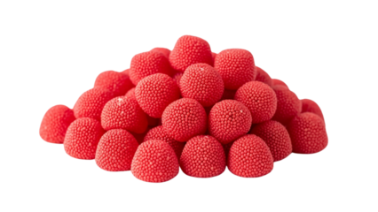 A pile of bright red, textured confectionery candies shaped like raspberries. They are piled high on a transparent background