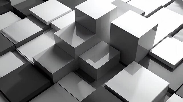 Abstract composition of white and gray cubes creating a modern, geometric pattern.