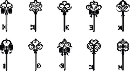 Vintage decorative key silhouettes set, ornate antique keys collection, elegant baroque design, classic security symbol, black vector isolated © Shuvo creative