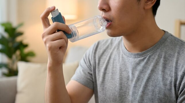 Man using asthma inhaler with spacer for respiratory relief
