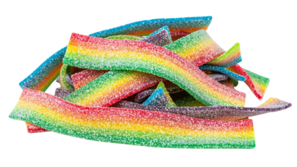 A pile of colorful, sugared candy strips resembling a rainbow, with diverse shades and textures