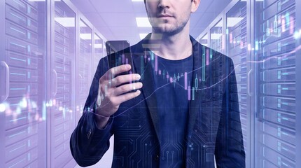 Fintech Professional Managing Investments on Mobile in Data Center