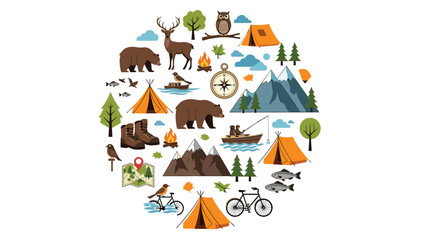 Fototapeta premium Colorful collection of outdoor adventure and camping icons arranged in a circular shape, featuring wildlife, tents, and mountains.