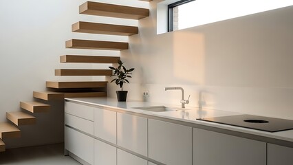 Minimalist Kitchen Interior with Floating Staircase and Subtle Warmth
