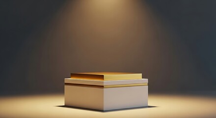 Minimalist product showcase podium with gold accents and soft illumination