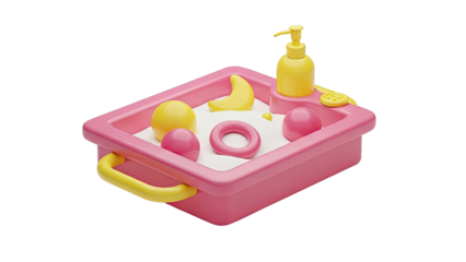 3D render of a pink sandbox with yellow toys and soap dispenser