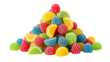 A vibrant pile of assorted, colorful, sugary confections shaped like fruit slices and berries, isolated on a black background