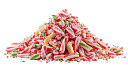 A vibrant pile of assorted candies with red, green, yellow, and white colors creating a mountain-like arrangement against a black background