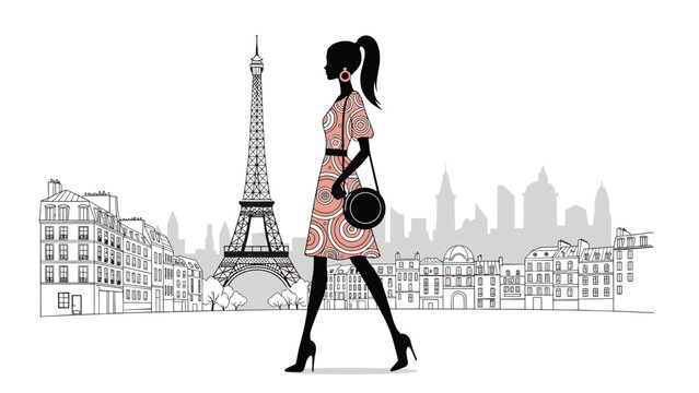 Fashionable woman's silhouette in a stylish patterned dress and high heels walking along a street in Paris with the Eiffel Tower.