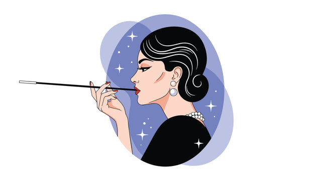 Portrait of a glamorous retro-style woman with an elegant updo and pearl jewelry smoking with a long cigarette holder.