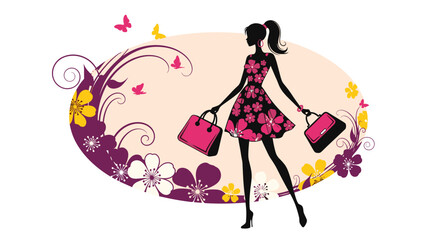 Obraz premium Chic silhouette of a woman in a floral dress and high heels carrying shopping bags, set against a floral and butterfly background.