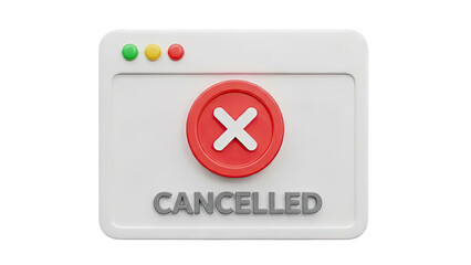 3D Rendered 'Cancelled' Notification Pop-up with Red X Icon