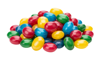 A vibrant pile of colorful, candy-coated oval candies on a black background. Each piece is glossy and reflects light