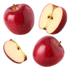 red apple , half and slices isolated, fresh red apple, transparent PNG, PNG format
