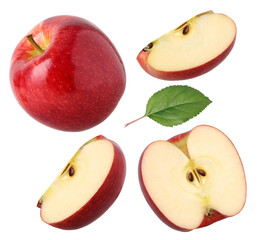 red apple , half, slice and leaves isolated, fresh red apple, transparent PNG