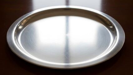 Shiny metallic platter on polished dark surface minimalistic background