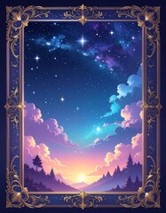Serene celestial panorama within an ornate, golden-trimmed frame