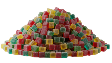 A vibrant pile of colorful, cube-shaped candies arranged in a heaped formation against a transparent background. Each is a different shade