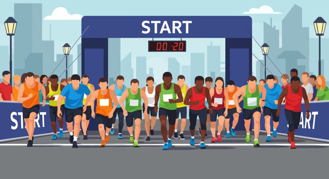 Diverse group of runners starting a marathon race.