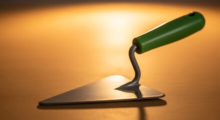 Trowel tool resting still life on a reflective surface with warm light